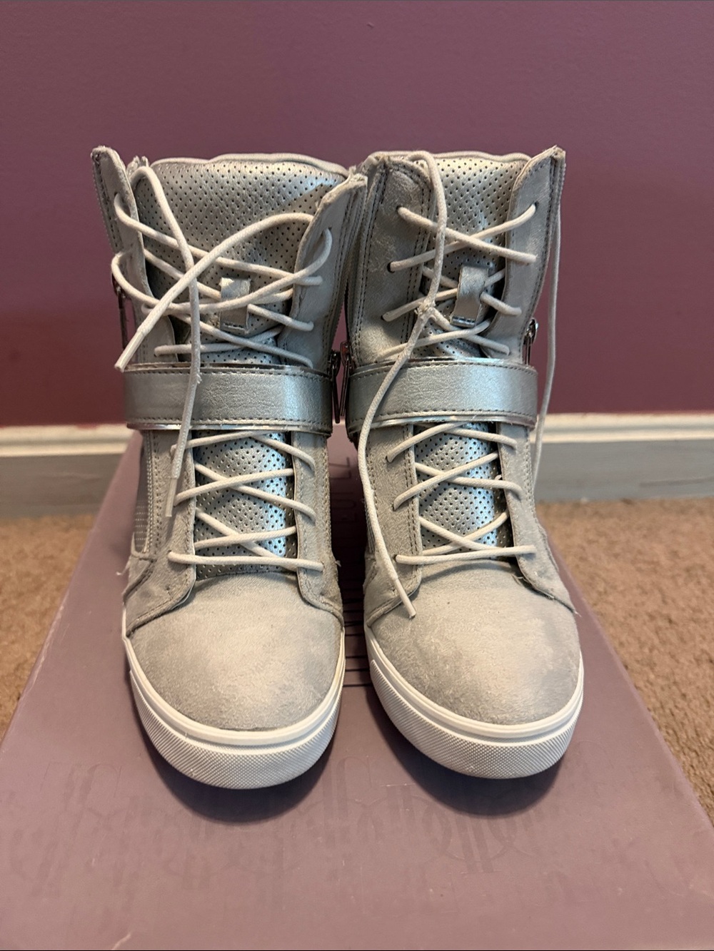 Jennifer Lopez Light Gray High-Top Wedge Lace-Up Sneakers
